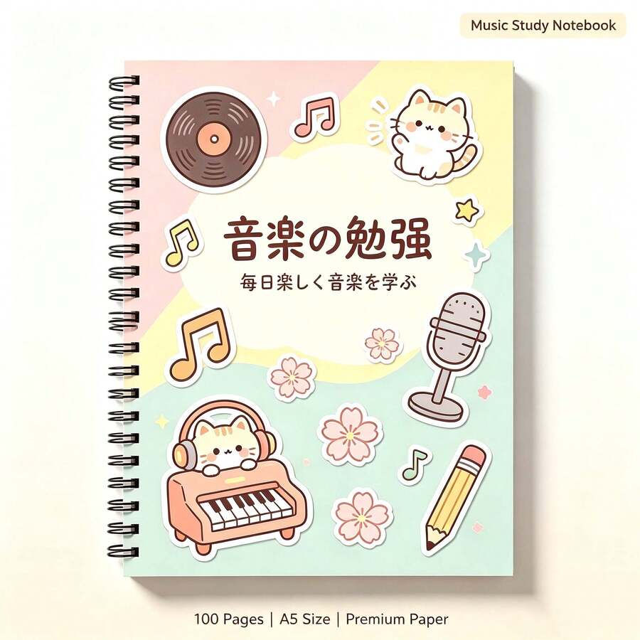 1pc A5 Black Spiral Cute Music Learning Notebook, Cat Vinyl Record Electronic Keyboard Microphone Sticker Print, Macaron Multicolor Spiral Notepad, Highly Attractive Stationery Gift For Teenage Music Students Back To School - A5-music - View 1