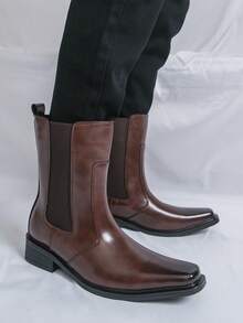 Men's Brown Chelsea Boots Square Toe Side Elastic Band Slip-On Ankle Boots British Style Height-Increasing Chunky Heel Shoes - Brown - View 11