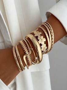 11pcs Vintage Elegant Fashion Metal Flower Bracelet Set, Multi-Piece Stackable Arm Bands, Suitable For Women's Daily, Party, Vacation And Various Occasions - Yellow Gold - View 9