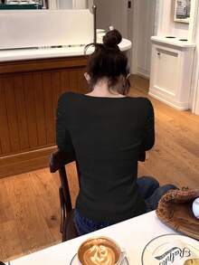 韓式極簡性感白色水鑽針織長袖女款秋冬毛衣，百搭優雅高端針織上衣 - 黑色 - 查看 6