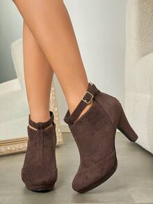 Women's Versatile Autumn/Winter Commute Elegant Suede Ankle Boots, Chunky High Heel Boots For Party And Date - Rust Brown - View 3
