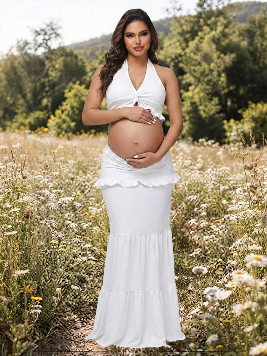 JustVH 2件組孕婦蕾絲露肩上衣與透視開衩裙套裝,適合孕婦攝影、寶寶迎新派對、派對,白色秋季款 - 白色 - 查看 1