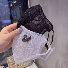 Fashionable Luxury Lace Rhinestone Swan Face Mask, Starry Embroidery Women's All Season Thin Breathable Elegant Slimming Shiny Crystal - Multicolor - View 3