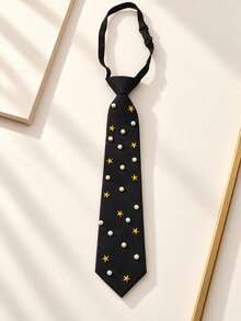 1pc Women's Zipper Style Pearl & Star Embellished Fashion Casual Outfit With Tie - Black - View 10