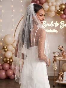 1 Pc Pearl Wedding Veil Fingertip Chapel Cathedral Length Bridal Veil With Metal Comb For Brides White Ivory - Multicolor - View 11