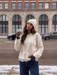 Cute Women's Pearl Decorated Knitted Cardigan, Tie Waist Ruffle Hem Sweater Top Suitable For Coffee Dates And New Year Outfits - White - View 3
