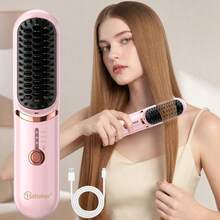 Hatteker 1pc 3-Gear Temperature Control Portable Travel Hot Air Brush, Volumizing Root Lift & Straightening Dual Use Wireless Hair Straightener - Multicolor - View 9