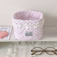 1pc Cute Polka Dot Storage Basket Quilted Drawstring Makeup Bag Lace Decor Cosmetic Organizer Bucket Desktop Items Storage Bag Folding Small Basket - Multicolor - View 14