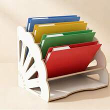 1pc Hollow Fan‑Shaped Cutout Plywood Desktop File Organizer, Multi‑Compartment Slant‑Stand Document Holder, For Office Study Desk Home Paper Book Storage Decor - White - View 4