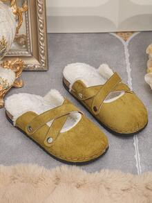 Women's Comfortable Soft Fur Lined Slip-On Closed Toe Mule Slippers, Cross Design, Casual Style, Autumn/Winter Daily Home Slippers, Olive Green, Plus Size - Olive Green - View 6
