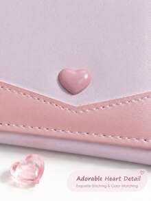 Women's Cute Small Wallet, Heart-Shaped Colorblock Short PU Leather Coin Purse (Light Pink & Light Purple) - Multicolor - View 6