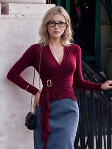 Women Casual Small V Neck Top Side Ruffle Tie For Fall Apparel Daily Commuting Going Out Dating - Burgundy - View 5