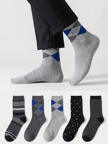 5 Pairs Men's Business Mid-Calf Socks, Argyle & Striped Combination Dress Socks, Soft & Comfortable Daily Wear Socks For Casual And Office Use - Multicolor - View 5