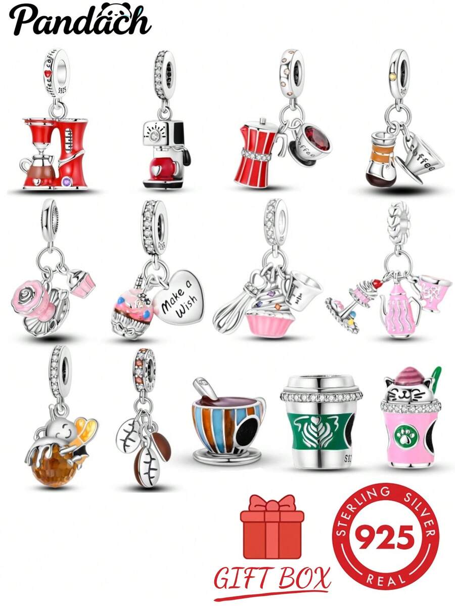 1 hạt charm bạc S925 chủ đề cà phê & tráng miệng, máy pha cà phê, bánh, tách cà phê, mèo trà sữa, nhiều kiểu dáng, tráng men màu kèm chi tiết đá rhinestone, kèm hộp quà, phù hợp cho vòng tay dây chuyền, trang sức DIY thủ công, phong cách trà chiều chữa lành, phụ kiện quà tặng hàng ngày - Nhiều màu - Xem 1