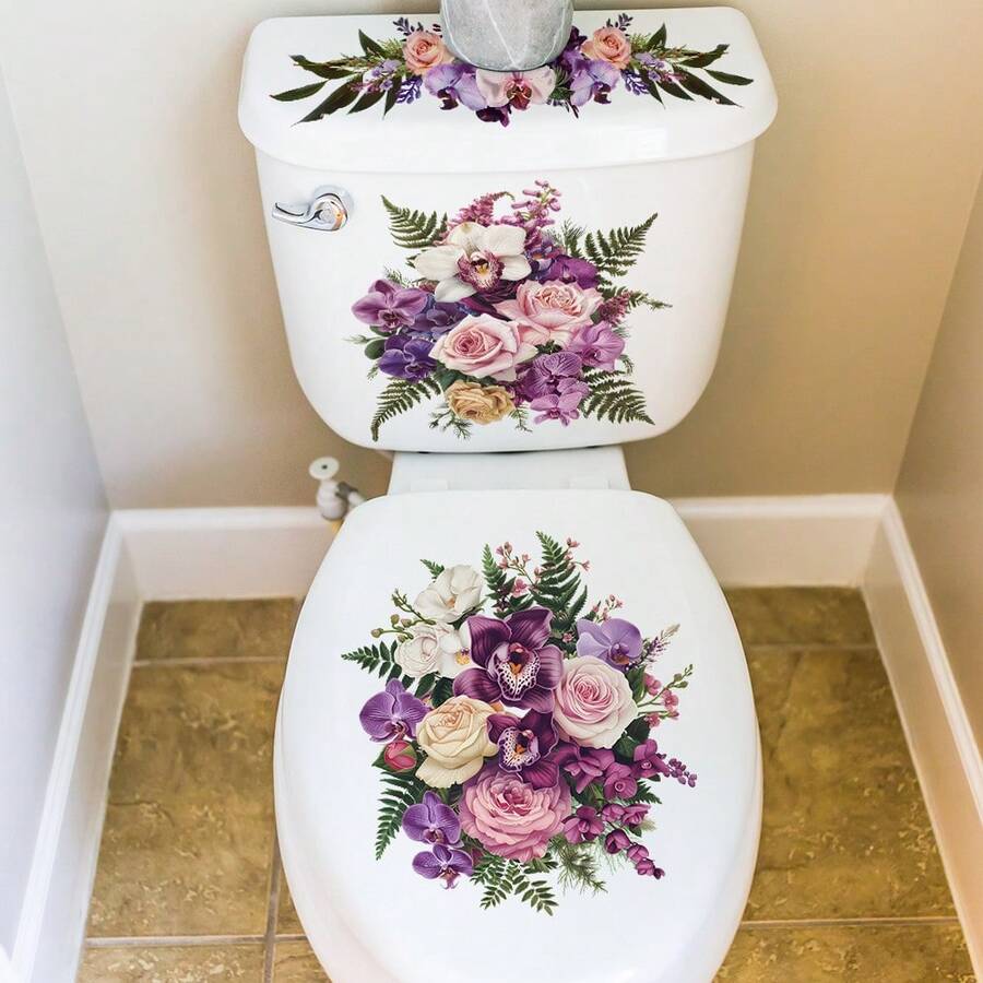 1pc European Floral Toilet Decor Sticker, Purple Rose & Orchid Bouquet Bathroom Toilet Seat Self-Adhesive Beautification Sticker - Multicolor - View 1