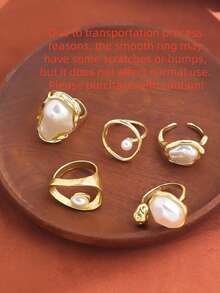 5pcs/Set Cincin Terbuka Geometris Mutiara Imitasi Sederhana dan Elegan untuk Wanita, Cincin Logam Berbentuk Tidak Beraturan yang Berlebihan, Perhiasan Hadiah - Yellow Gold - View 3
