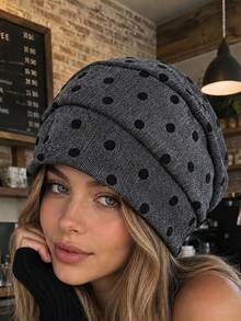 1pc Vintage Small Polka Dot Pleated Beanie Hat, Fashionable Slouchy Cap, Elastic Comfortable Sleep Bonnet, Hair Covering Headscarf, Suitable For Daily Wear - A - View 6