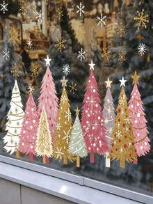 3pcs Christmas Window Stickers Decals, Yellow Green Gold Christmas Tree & Snowflake Pattern, Winter Home Window Decoration - Multicolor - View 4