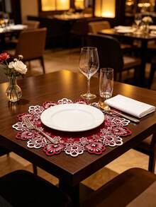 1PC Polyester Festive Burgundy Fall And Winter Velvet Center Lace Cutwork Placemat Round Floral Embroidered Table Mat For Holiday Party Dinner Decoration - Red - View 2
