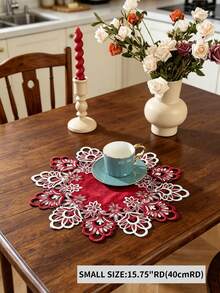 1PC Polyester Festive Burgundy Fall And Winter Velvet Center Lace Cutwork Placemat Round Floral Embroidered Table Mat For Holiday Party Dinner Decoration - Red - View 13