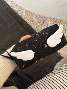1pc Glitter Star Pattern Feather Decor Pencil Case, Large Capacity Makeup Bag For Girls, Portable Stationery Bag - Multicolor - View 15