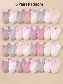 12/24 Pairs Pink Rabbit Jacquard Ear Design Non-Slip Grip Ankle Socks, Toddler Baby First Walker Socks, Soft Breathable Elastic, 0-36M School Baby Socks - Multicolor - View 13