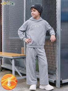 Vihyde Tween Boys American Street Style Denim Trim Double Layer Hooded Sweatshirt & Wide Leg Pants Casual Sports Two Pieces Set Fall Outfits - Grey - View 3