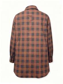 Autumn Women Long Sleeve Plaid Blouse Oversized Button Front Regular Hem Modest Top With Shirt Collar - Brown - View 4