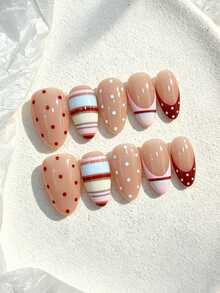 10pcs Pure Handmade Almond Multicolor Press On Nails, Sweet Preppy Style, Nude Base, Red White Polka Dots & Colorful Stripe Patterns For Women And Girls, Spring Summer Fall Winter Festivals Party And Daily Life Use - Multicolor - View 2