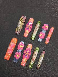 10 pcs Kuku Palsu Tempel Buatan Tangan, Bentuk Kotak Ekstra Panjang 5,5 cm, Manikur Musim Gugur/Dingin, Bubuk Cermin Hijau Multicolor, Desain Bunga Ukir 3D, Dekorasi Bintang Laut & Kerang Emas, Gaya Modis Serbaguna, Cocok untuk Halloween, Tahun Baru, Hari Valentine, Pesta, Dansa, Pemakaian Harian, Tersedia 3 Ukuran - MultiWarna - View 3