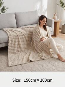 1pc Super Soft Large Striped Blanket, Halloween Decor, Bedroom Decor, Wide Striped Cut Pile Blanket, Autumn Home Decor, Pink Home Decor, Flannel, Soft Skin-Friendly Blanket, Christmas, Office Nap, Room Decor, Throw Blanket, Perfect Gift For Friends And Family - Khaki - View 12