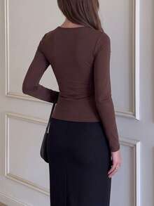 Women's Knitted Long Sleeve Top, Keyhole Neckline, Gold Button Decoration, Medium Stretch, Regular Fit - Brown - View 7