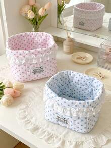 1pc Cute Polka Dot Storage Basket Quilted Drawstring Makeup Bag Lace Decor Cosmetic Organizer Bucket Desktop Items Storage Bag Folding Small Basket - Multicolor - View 4
