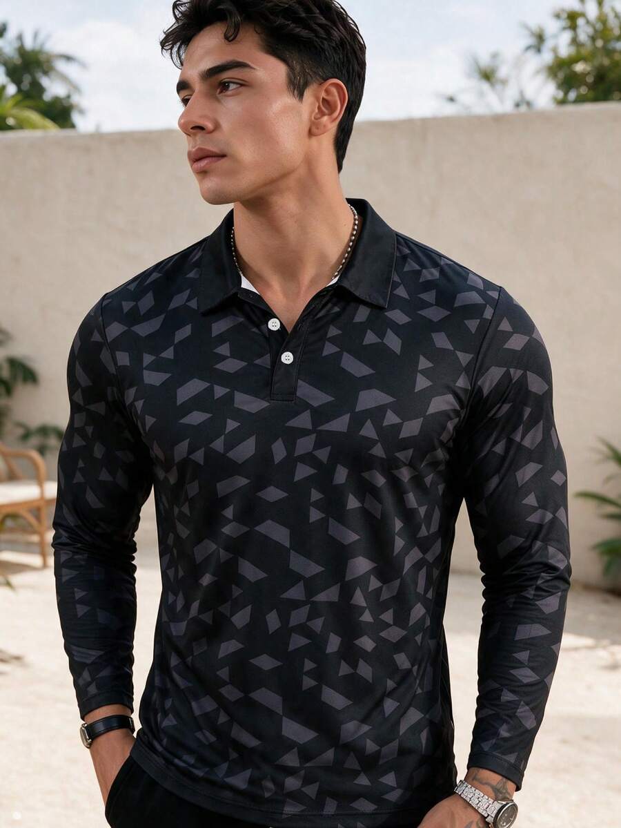 Men's Vacation Dark Pattern Geometric Long Sleeve Polo - Multicolor - View 1