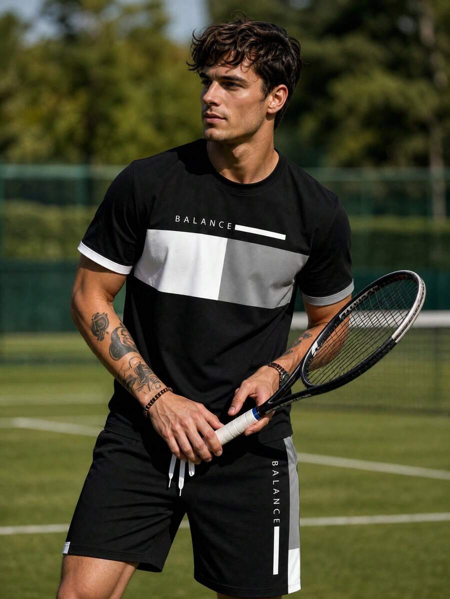 Men's 2 Pieces Short Sleeve T-Shirt And Shorts Set, Balance Print Casual Sports Outfit, Summer Daily Fitness Workout Wear - Multicolor - View 1