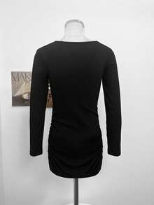 Minimalist Sexy Twisted V-Neck Long Sleeve Fitted Slimming Bodycon Mini Dress For Women, Autumn - Black - View 7