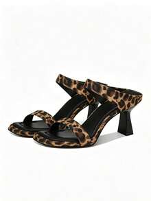Women's Leopard Print Open Toe Strap Slide Sandals, Square Toe, Small Kitten Heel, Fairy-Style Summer Fabric High Heels - Leopard Print - View 2