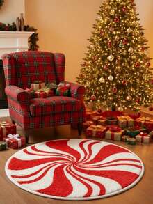 Round Burgundy Christmas Tufted Rug With Checkered Border, Snowman, Gingerbread, Gift, Candy Cane Plush Rug, Christmas, Candy - Red - View 2
