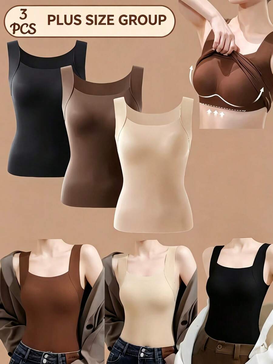 3pcs Square Neck Seamless Shaping Tank Tops For Women With Built-In Padded Cups, Tummy Control Waist Cincher, Tight-Fitting Innerwear Base Layer, 2-In-1 Slimming Bodysuit Top - Multicolor - View 1