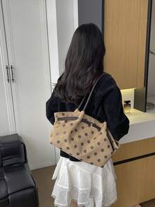女款時尚百搭單肩通勤包，秋冬新款，學生辦公大容量托特包，仿麂皮購物包 - 卡其色 - 查看 6