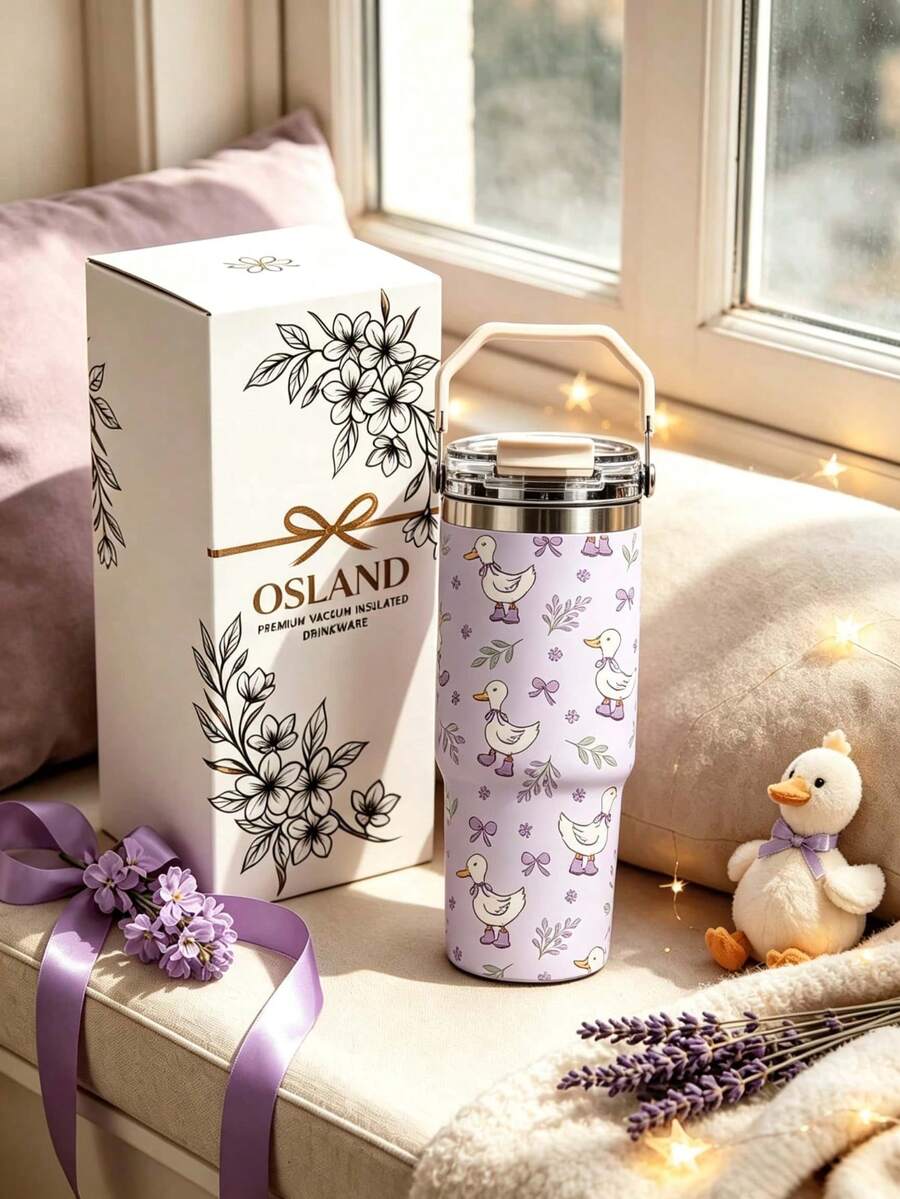1pc/5pcs 30oz Cute Purple Duck Stainless Steel Insulated Tumbler With Handle And Straw, Cartoon Duck, Bow And Lavender Floral Print Design, Perfect Birthday And Holiday Gift, Leak-Proof Flip Lid, Suitable For Travel, Work, Fitness And Daily Outdoor Use - Purple-duckling - View 1