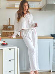 Women's Short Notch Neck Pajama Set, Pink Bow Print Wavy Stripe Long Sleeve Tie Cuff Top With Ruffle Wide Leg Pants, Soft Loungewear - Pink - View 5
