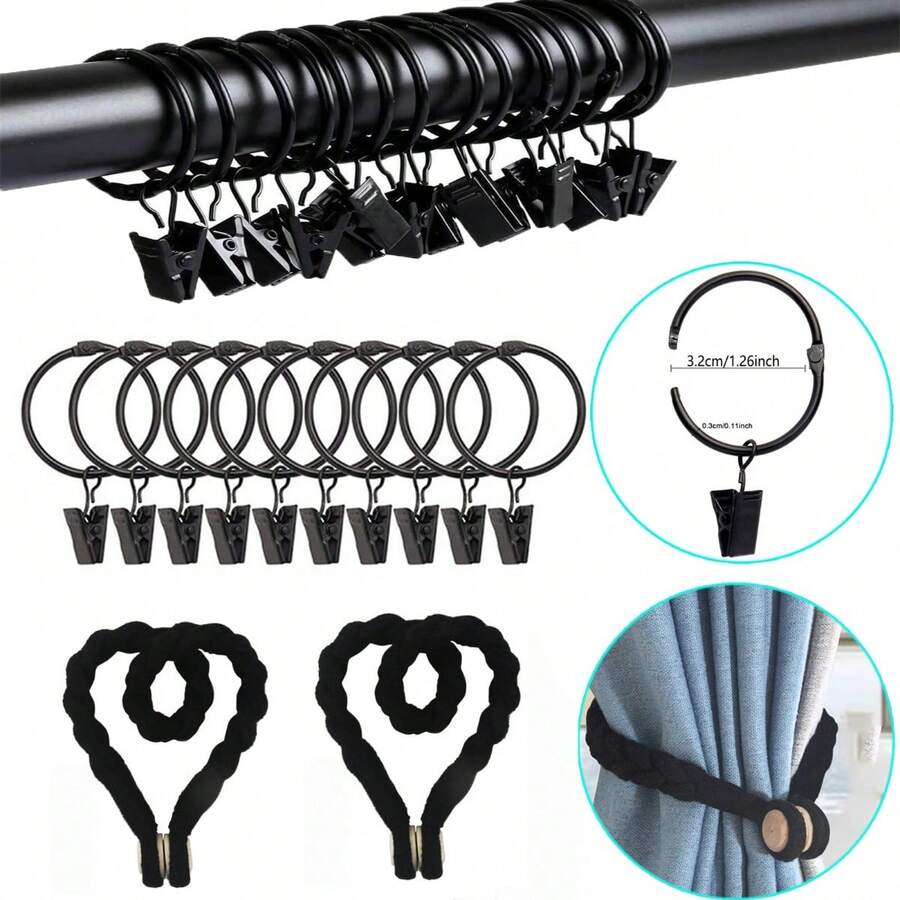 10pcs Metal Curtain Rings With Clips + 2pcs Magnetic Twist Rope Curtain Tiebacks, Suitable For Bedroom, Living Room Curtains, Home Decor Curtain Accessories - Multicolor - View 1