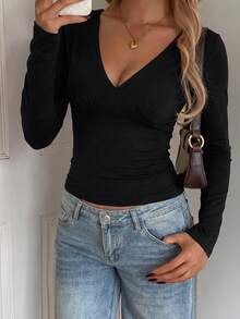 SCARLUX Fall Y2K Women Basic Black Off‑The‑Shoulder Top, Cross V‑Neck Slim‑Fit Long Sleeve Tee For Back To School Going Out Casual Wear - Black - View 5