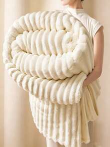 1pc Wide Striped Magic Flannel Fleece Skin-Friendly Soft Comfortable Bed Blanket Throw, Suitable For Bedroom Guest Room, Machine Washable, All Season Use - Off-white - View 1