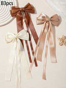 52/3pcs Girls Coffee Color Double Layer Bow Tassel Ribbon Hair Clips Hair Accessories Head Clips Back Of Head Clips Side Clips Alligator Hair Clips For Daily Use - Multicolor - View 7