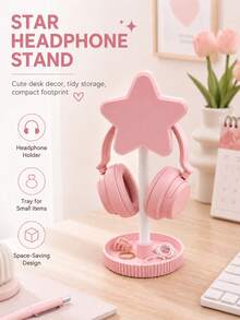 1pc Pink Star Headphone Stand, Cute Desktop Headphone Storage Rack With Storage Base, Suitable For Bedroom, Dorm, Office And Desktop Decoration - Multi-color (Pink) - View 5