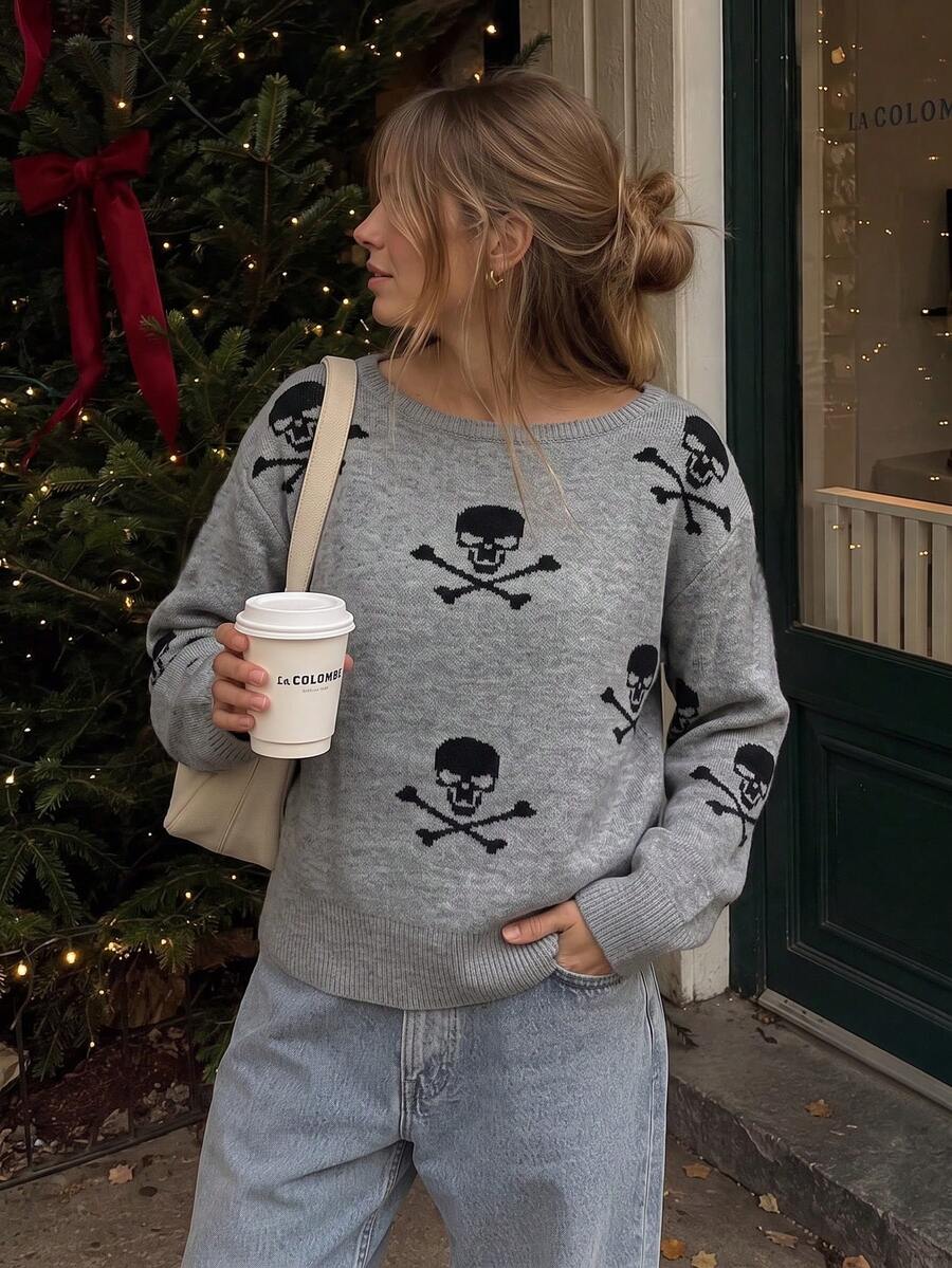 BuyK [Tops]Halloween Skull Print Crewneck Sweater Grey Long Sleeve Knit Pullover Casual Loose Top - Gray 1 - View 1
