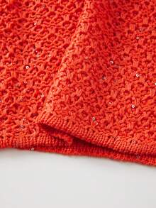Spring/Summer New Women's Y2K Orange Knit Top, Round Neck Short Sleeve Argyle Pattern Sequin Knit Top, Casual Beach Party - Orange - View 11
