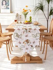 1pc Lily Flower Embroidered Tassel Table Runner, Elegant Dining Table Decor, Suitable For Dining Table, Party And Home Decoration - White - View 1